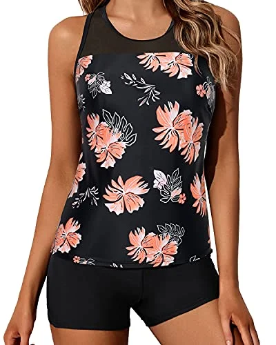 Weekend Savings Galore Ladies Mid-Waist Solid Boyleg Bottom Tankini Swimsuit-Black Orange Floral Weekend Savings Galore Ladies Mid-Waist Solid Boyleg Bottom Tankini Swimsuit-Black Orange Floral