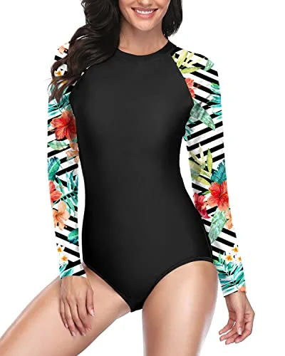 Comfortable Quick Dry One Piece Bathing Suit Rash Guard Long Sleeve Swimsuit-Black And Striped