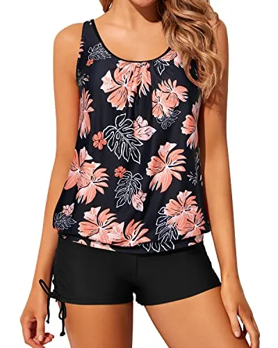 Trendy And Modest Women's Blouson Tankini Bathing Suits Boyshorts-Black Orange Floral