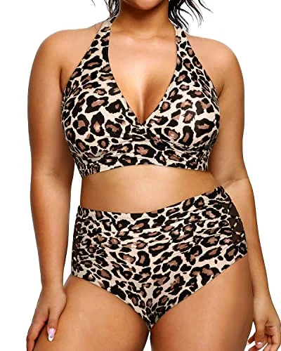 Plus Size Women's Sexy Two Piece Halter Bikini Ruched Bottom-Leopard