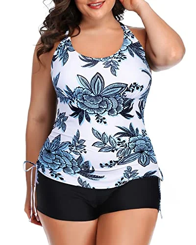 Weekend Savings Fiesta 2-Piece Plus Size Swimsuit Adjustable Straps Boyleg Shorts-White And Blue Floral Weekend Savings Fiesta 2-Piece Plus Size Swimsuit Adjustable Straps Boyleg Shorts-White And Blue Floral