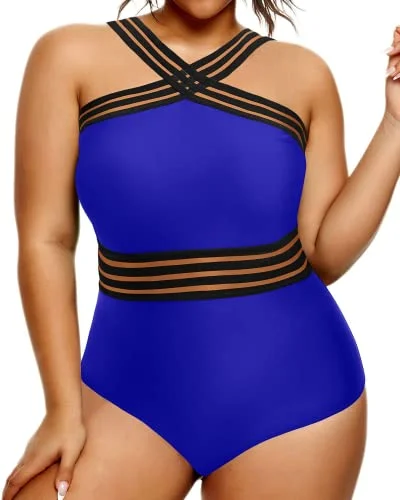 Front Crossover Mesh One Piece Swimsuit For Plus Size Women-Royal Blue