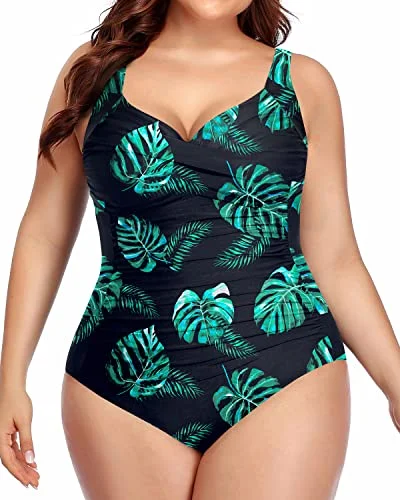 Sweetheart Neckline Twist Front Ruched Plus Size Sexy Swimsuits For Women-Black And Green Leaf