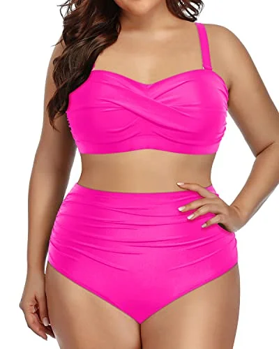 Women's Plus Size Two Piece Bandeau Bikini Tummy Control Swimwear-Neon Pink