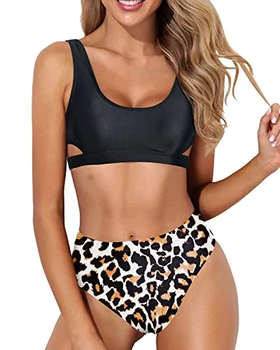 Unwind with Weekend Discounts High Leg Bikini Set For Women 2 Piece High Waisted Sport Swimsuit-Black And Leopard Unwind with Weekend Discounts High Leg Bikini Set For Women 2 Piece High Waisted Sport Swimsuit-Black And Leopard