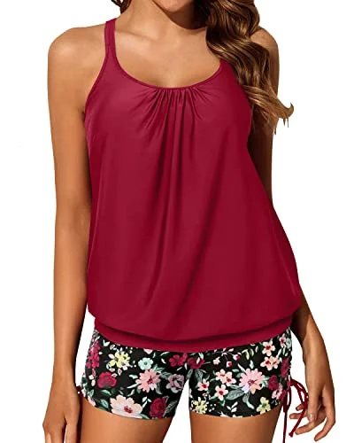 Slimming Tummy Control Blouson Tankini Two Piece Swimsuit Shorts-Red Floral