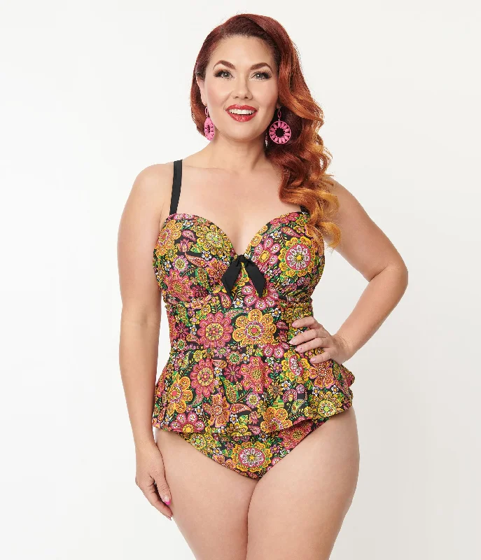 Unique Vintage Plus Size 1960s Kaleidoscope Floral Solana Tankini Swim Top