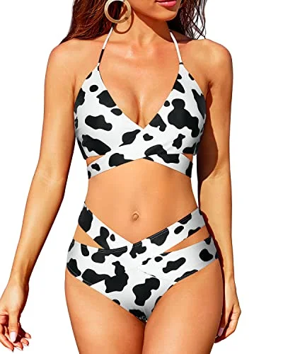 Crossed V Shaped Waist 2 Piece High Waisted Bikini Set-Black And White Cow Pattern