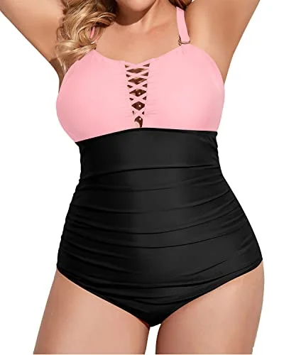 Women's Plus Size One Piece Swimsuit Deep V Neck Tummy Control Bathing Suit-Pink And Black