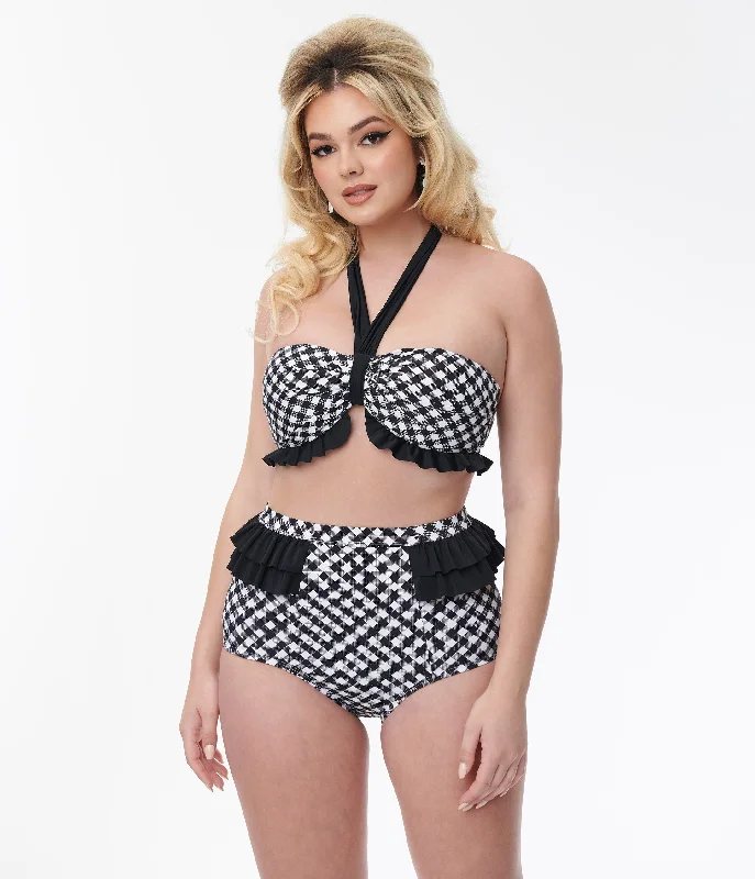 Weekend Specials to Savor Unique Vintage Black & White Bias Gingham Twist Front Halter Swim Top Weekend Specials to Savor Unique Vintage Black & White Bias Gingham Twist Front Halter Swim Top