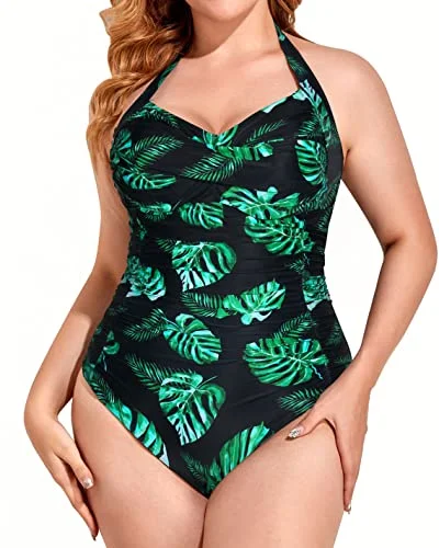 Women's Backless Style Plus Size One Piece Swimsuit-Black And Green Leaf