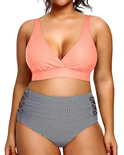 Adjustable Wide Straps Plus Size Two Piece Bathing Suits-Coral Pink Stripe