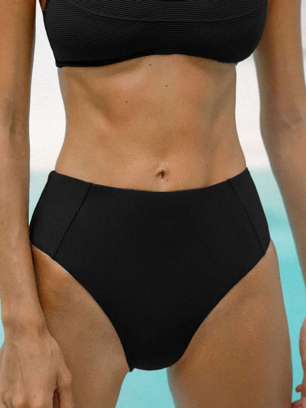 Black Ribbed Seam Full Coverage Bikini Bottom