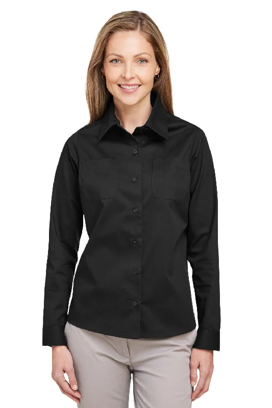 Harriton Womens Advantage Wrinkle Resistant Long Sleeve Button Down Shirt w/ Double Pockets - Black