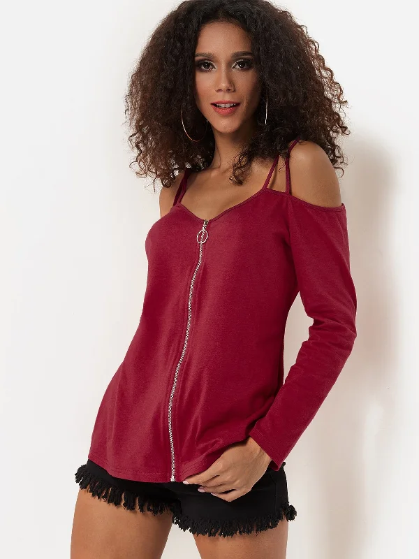 Custom Cold Shoulder Plain Zip Back Long Sleeve Burgundy T-Shirts