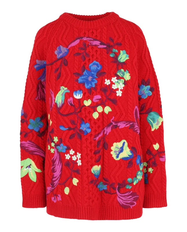 Weekend Deals That Sizzle Floral Embroidered Cable Knit Sweater