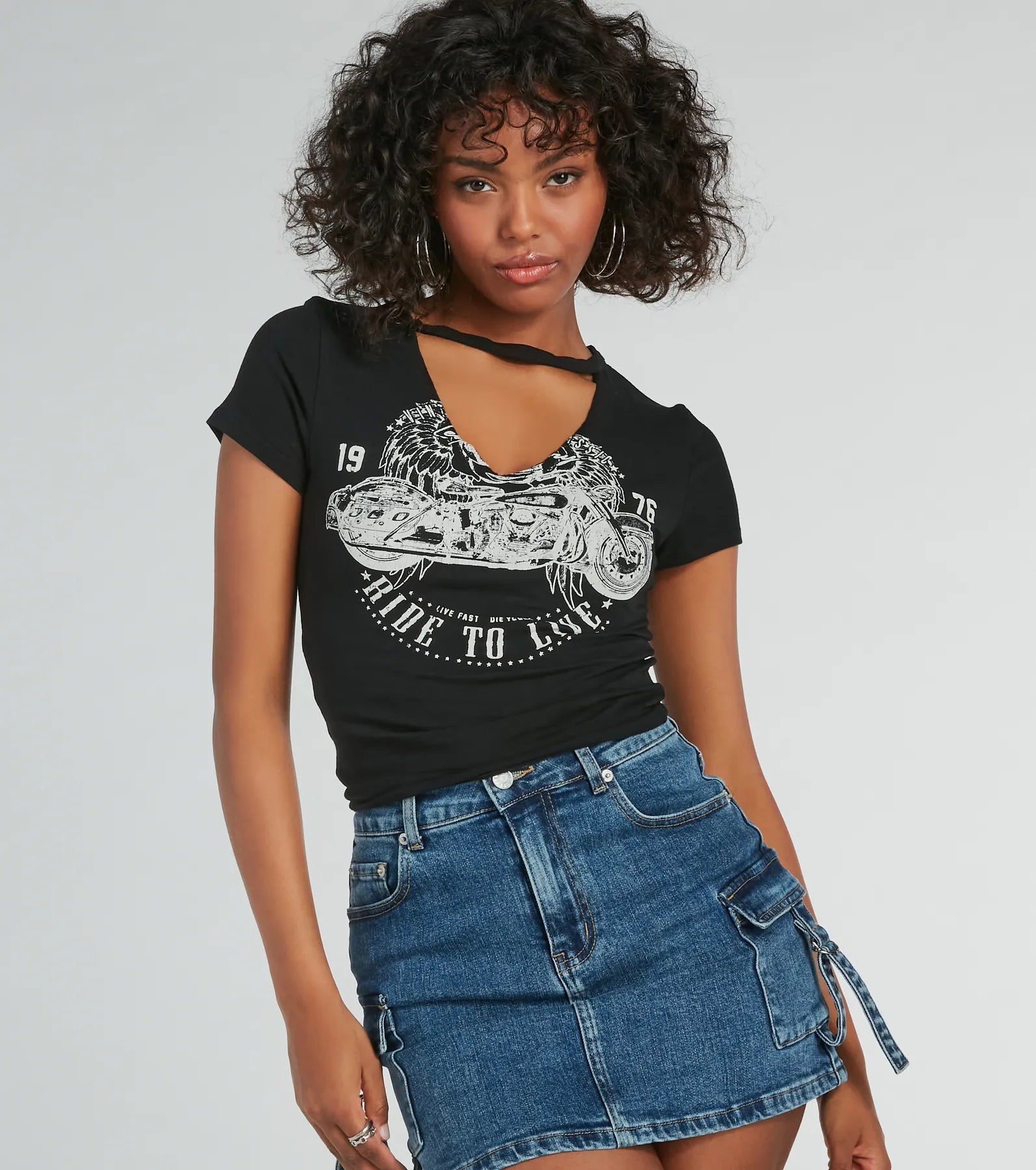 Steal Deal Moto Babe Cutout Knit Graphic Tee