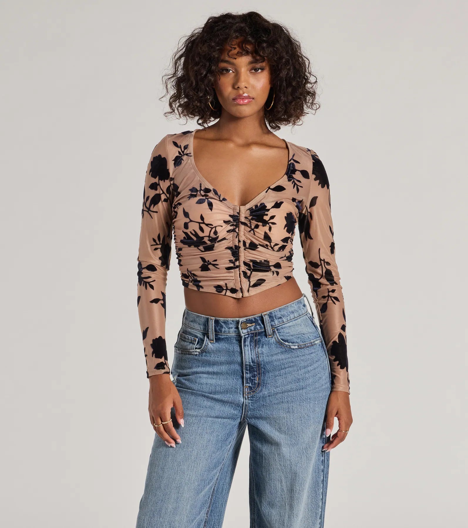 Weekend Savings Sensation Charming Flocked Floral Mesh Long Sleeve Corset Top