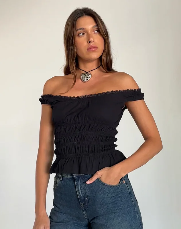 Weekend Savings Sensation Xavinia Shirred Bardot Top in Black Poplin