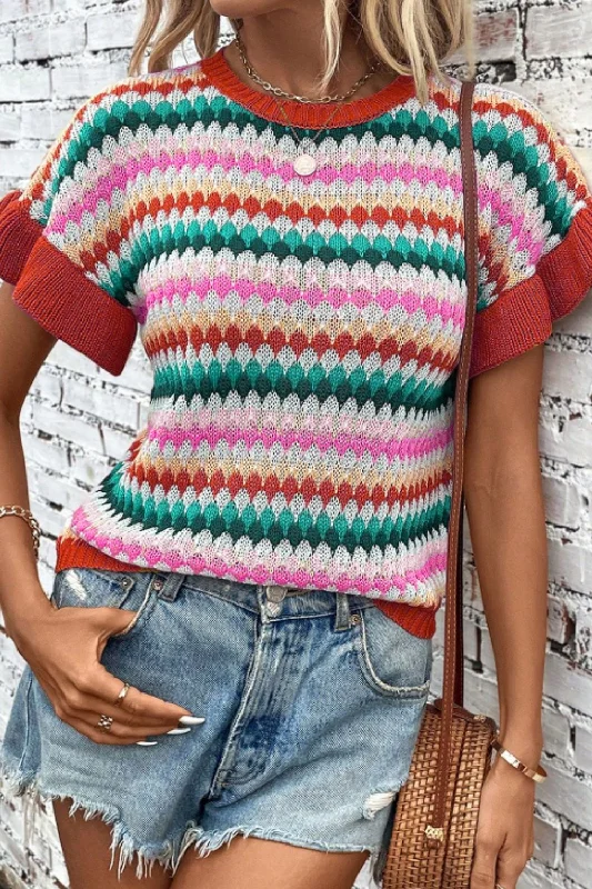 While Supplies Last Contrast Round Neck Short Sleeve Sweater