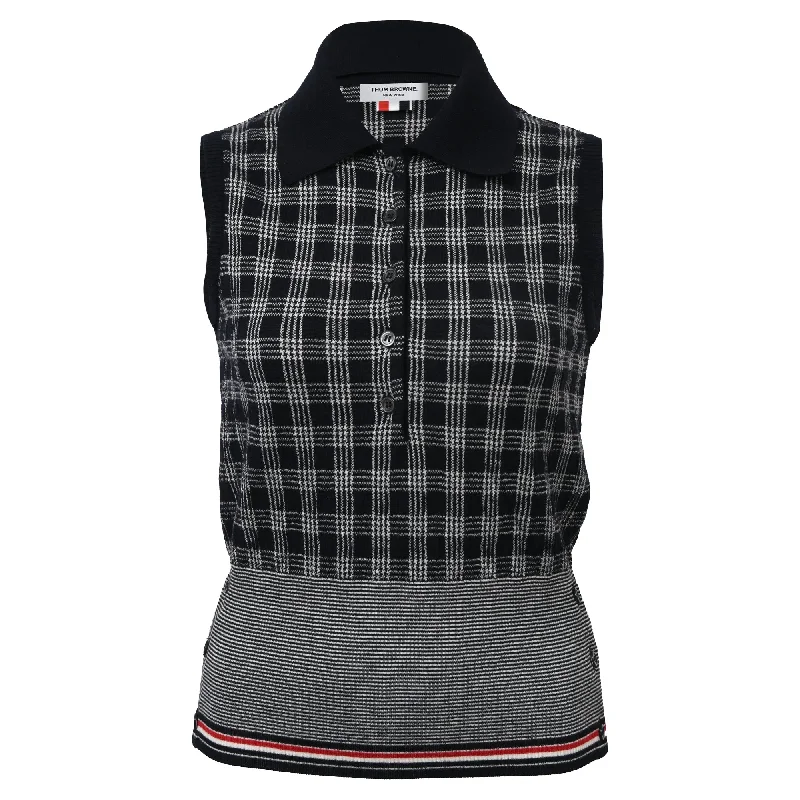 Weekend Savings Fiesta Thom Browne Sleeveless Checkered Print Shirt in Black Merino Wool