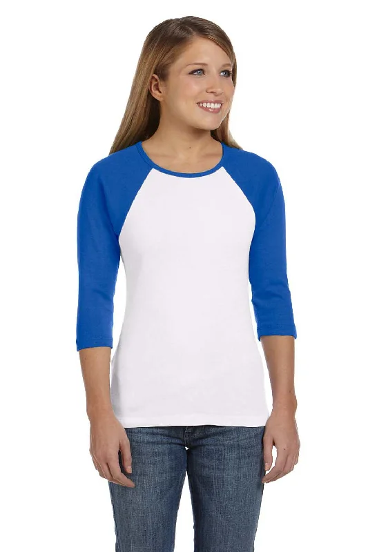 Bella + Canvas Womens 3/4 Sleeve Crewneck T-Shirt - White/True Royal Blue