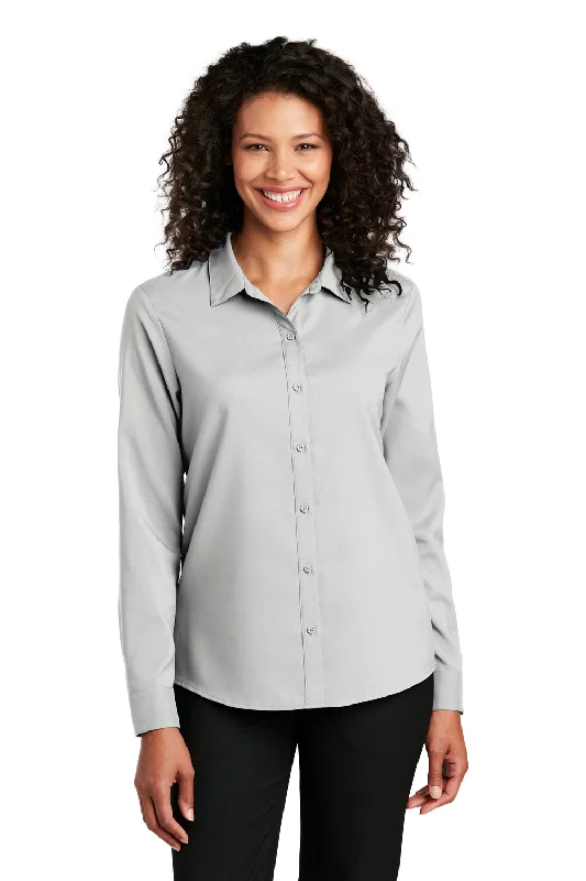 Port Authority Womens Performance Moisture Wicking Long Sleeve Button Down Shirt - Silver Grey - Closeout