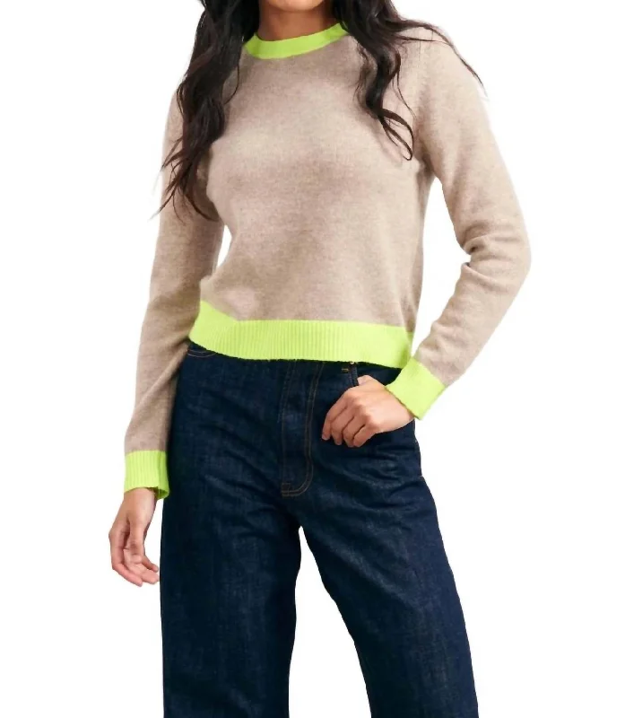 Extra Savings Contrast Crew Sweater In Brown/neon Yellow
