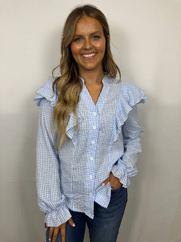 Weekend Offers That Excite Blue & white gingham ruffle long sleeve