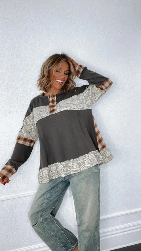 Take Action POL: Leland Long Sleeve Lace & Plaid Detail Top