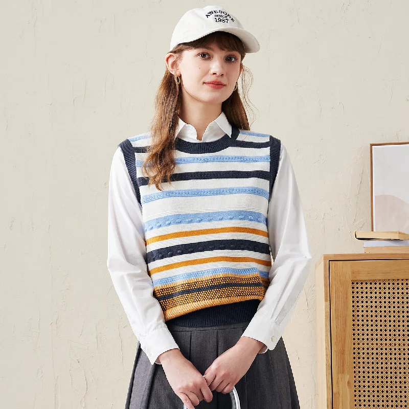 100% Wool Retro Striped Knit Sweater Vest