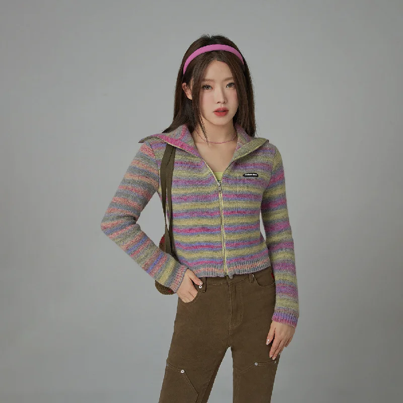 Shop Now Rainbow Striped Zip-Up Knit Cardigan