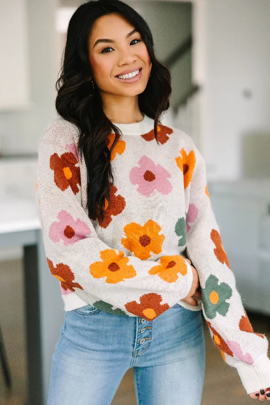 Mega Discount Everyday Fun Cream White Floral Sweater