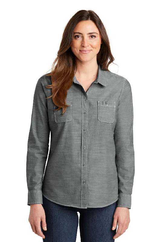 Weekend Deals to Make You Happy Port Authority Womens Slub Chambray Long Sleeve Button Down Shirt w/ Double Pockets - Grey Weekend Deals to Make You Happy Port Authority Womens Slub Chambray Long Sleeve Button Down Shirt w/ Double Pockets - Grey