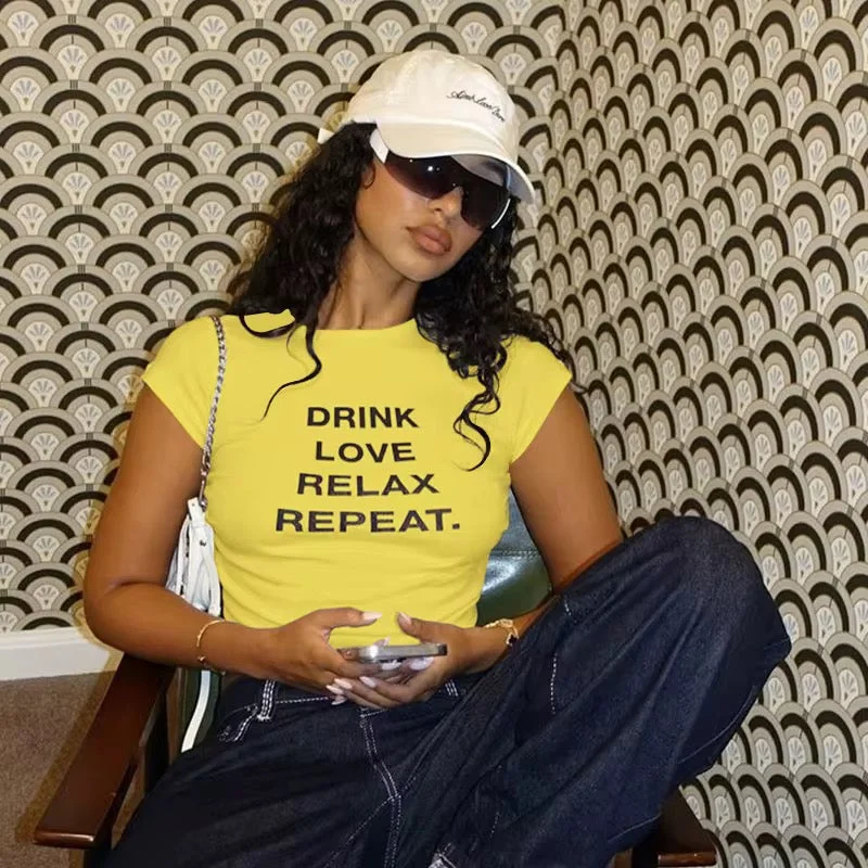 Massive Savings Drink Love Relax Repeat Yellow Crop Top