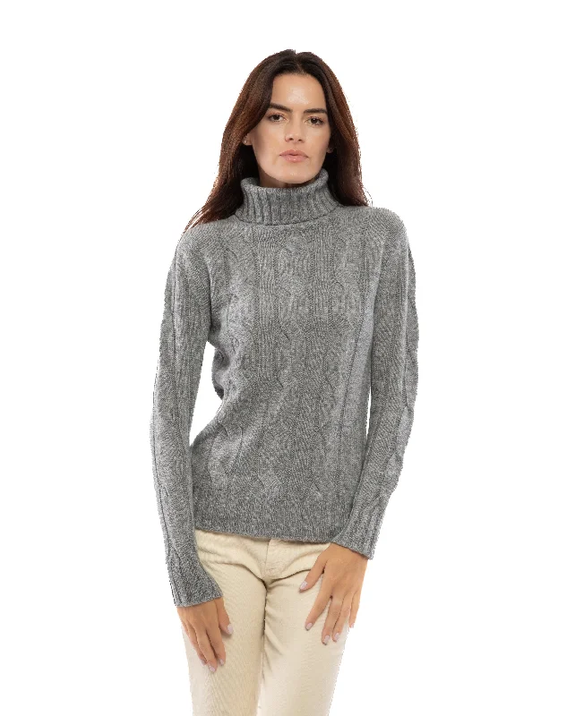 NEW FALL 24 - Women's Pure Cashmere Cable Knit Turtleneck Sweater Melange Gray by Monticelli Cashmere