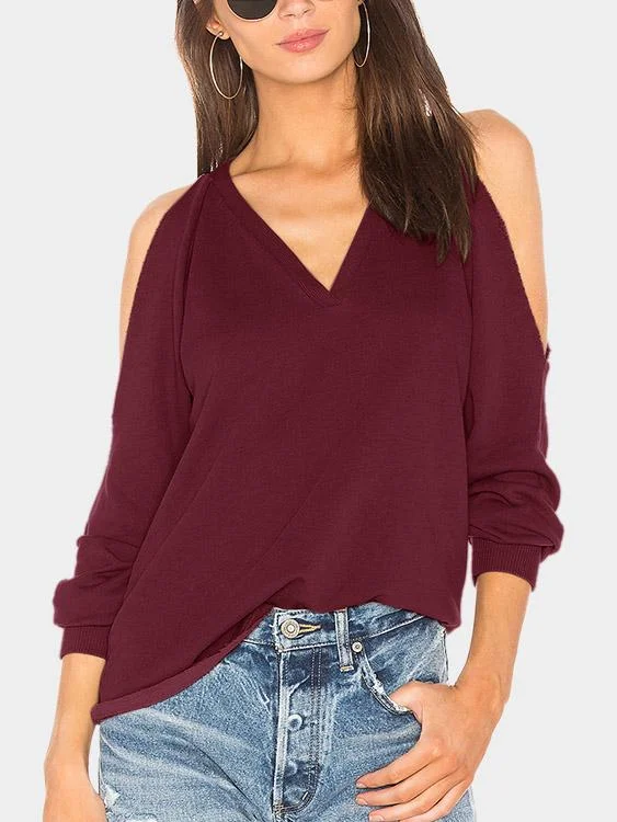 Top Pick OEM ODM V-Neck Cold Shoulder Cut Out Long Sleeve Burgundy T-Shirts