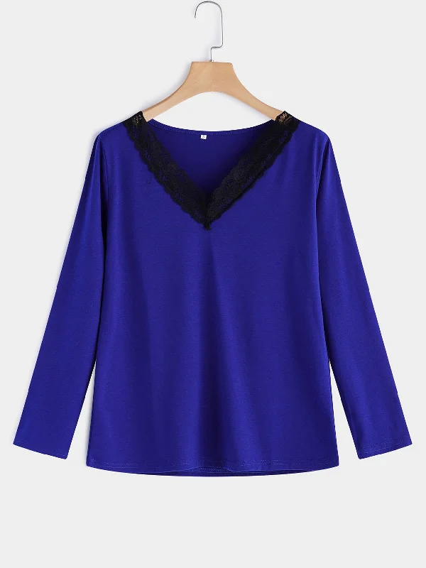 Custom V-Neck Plain Lace Long Sleeve Blue T-Shirts