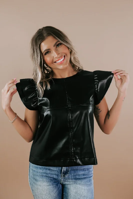 Faux Leather Ruffle Sleeve Top, Black