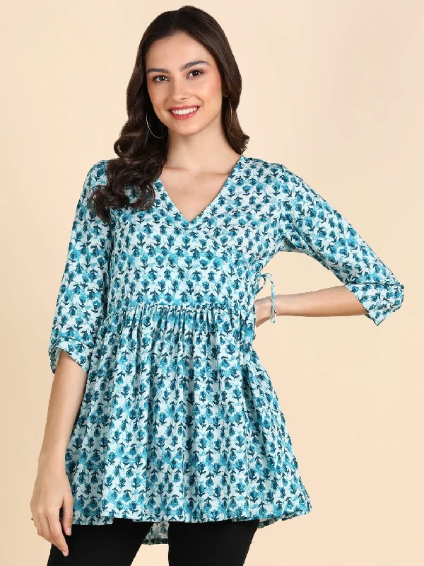 Don't Delay Pure Cotton Floral Printed Peplum Top - Blue