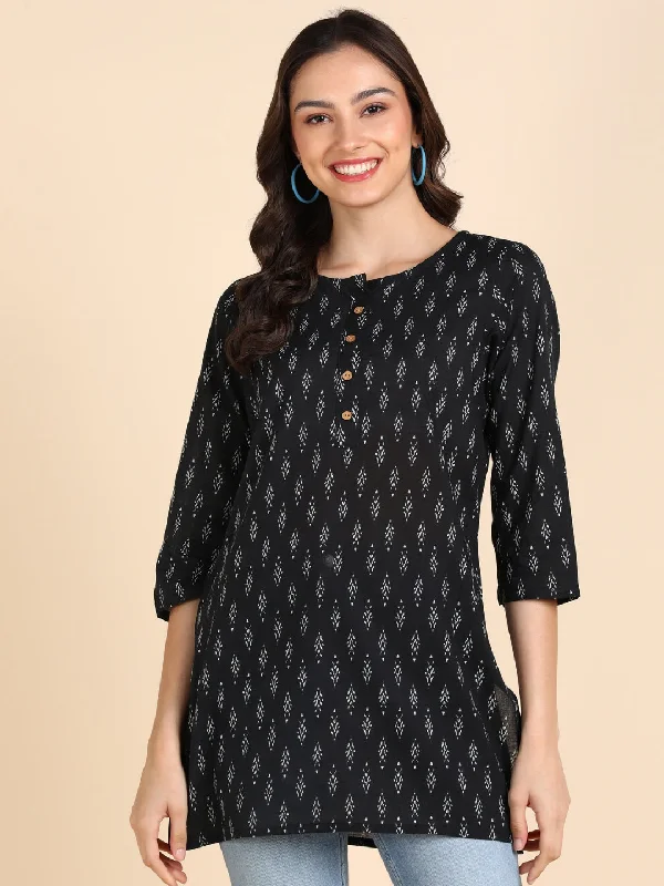 While Supplies Last Pure Cotton Ikkat Printed Top - Black