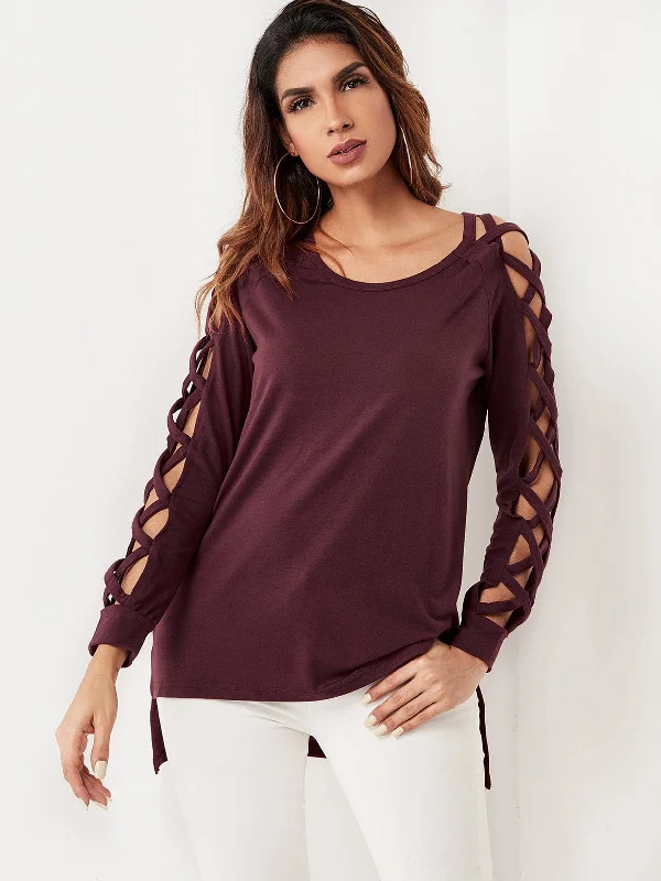 Low Cost OEM ODM Round Neck Lace-Up Long Sleeve Burgundy T-Shirts