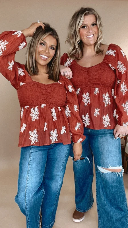 Reduced Price All About Details Embroidered Smocked Blouse, Rust