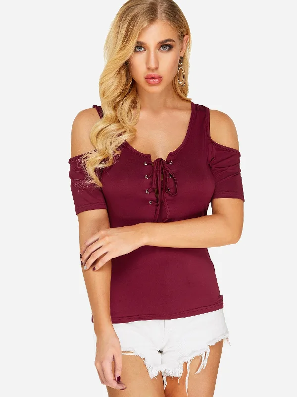 Final Offer OEM ODM V-Neck Cold Shoulder Plain Lace-Up Short Sleeve Burgundy T-Shirts