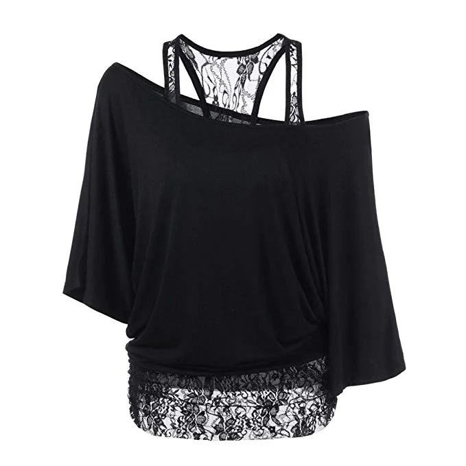 Women Sexy Fashion Lace Loose Long Sleeve Tank Tops Shirt Plus Size