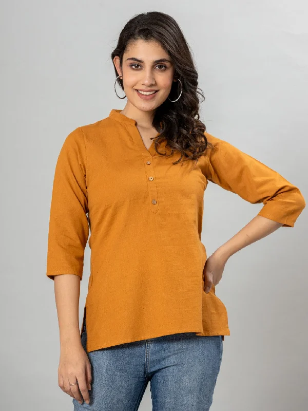 Online Exclusive Solid Cotton Flax Women Top - Mustard
