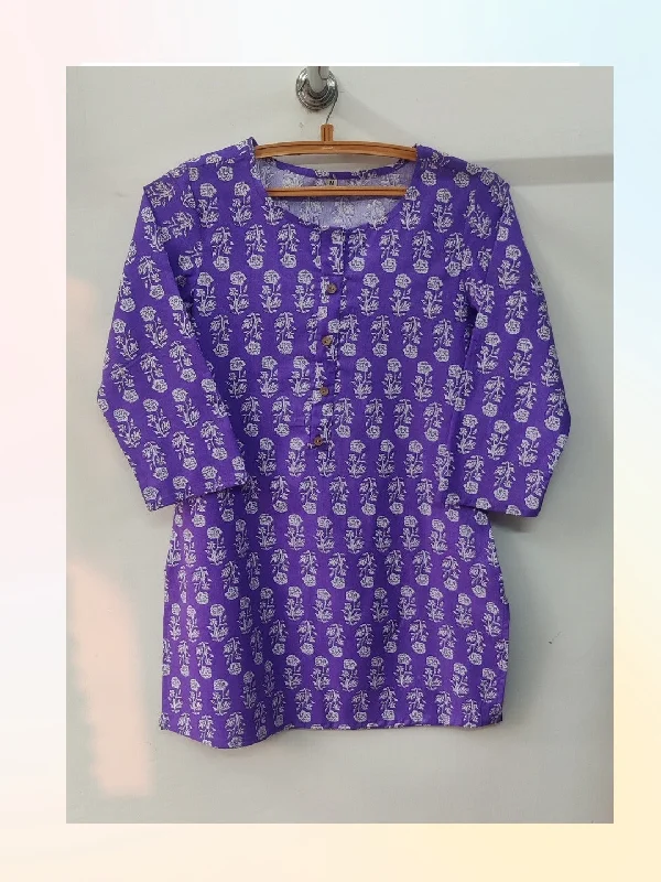New Arrival Cotton Printed Hip Length Top - Purple Booti