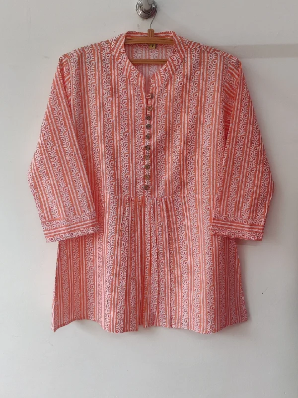 Amazing Value Pure Cotton Peplum Style Button detail Top - Orange Stripes