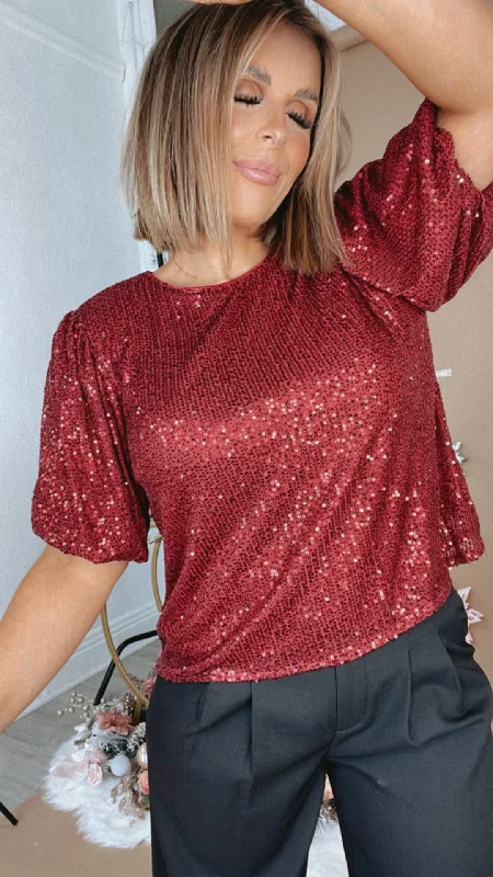 Holiday Cheer Puff Sleeve Sequin Top, Red