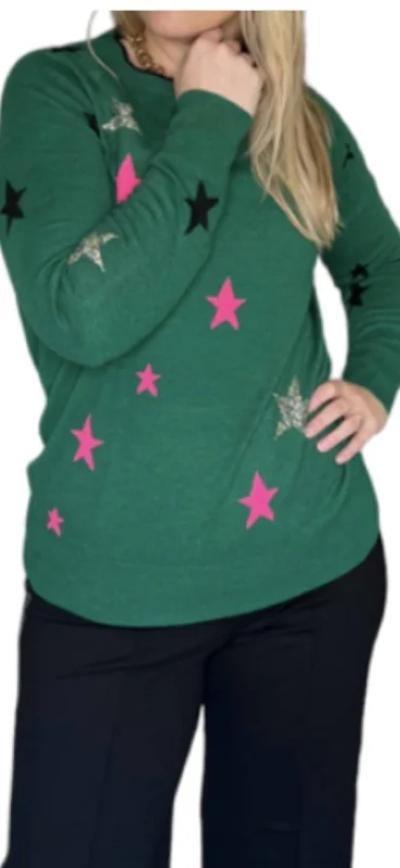 Weekend Bargains Galore Intarsia Stars Sweater In Green